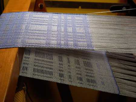 handwoven silk scarves, twill blocks on loom