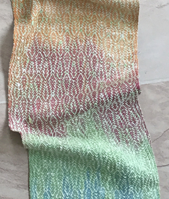 hand painted silk scarf, green weft, closeup