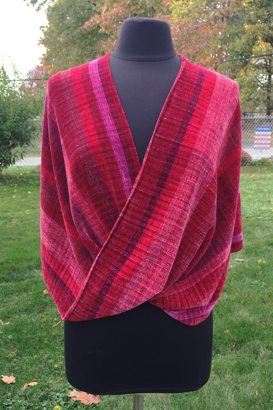 Handwoven rayon chenille wrap in reds