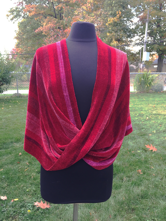 Handwoven rayon chenille wrap in reds