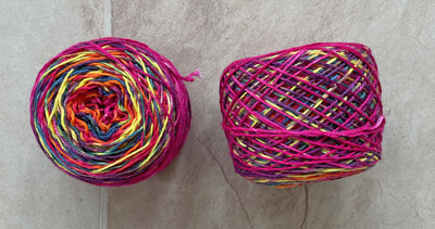 multi-striped sock yarn wound into balls