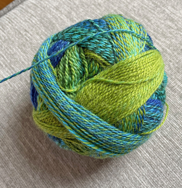 ball of sock yarn, blues & greens