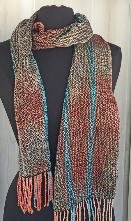 handwoven coral & turquoise scarf with black