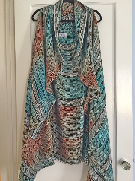 handwoven coral & turquoise open front cardigan