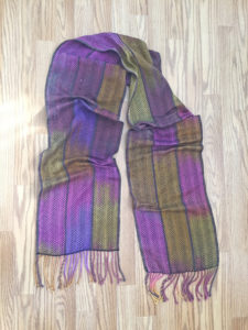 hand dyed and hand woven silk and cashmere scarf, black weft
