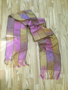 hand dyed and handwoven silk scarf, honey berries with tan
