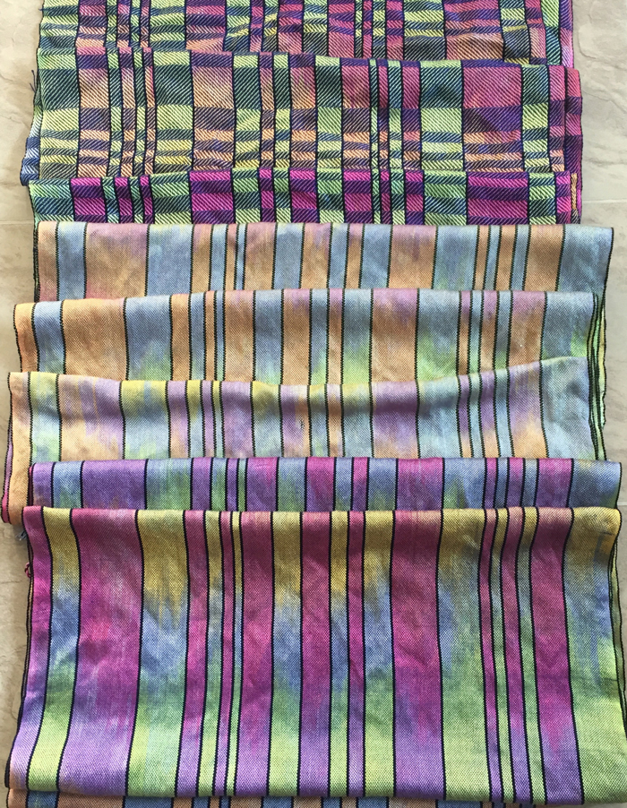 3 handwoven shawls made with paint 2 silk warps