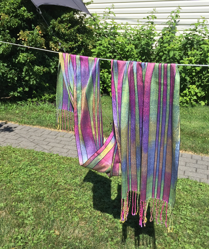 handwoven silk shawl, paint 2, sage weft, front