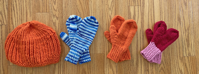 1 knit hat, 3 pair mittens to donate